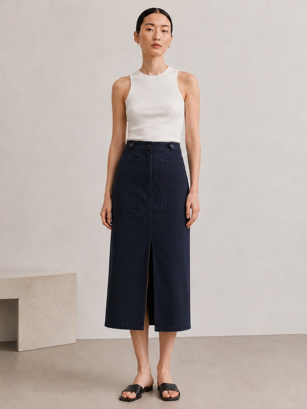 COS Navy Utility Midi Skirt Size 6 Minimalist Cotton Blend Skirt